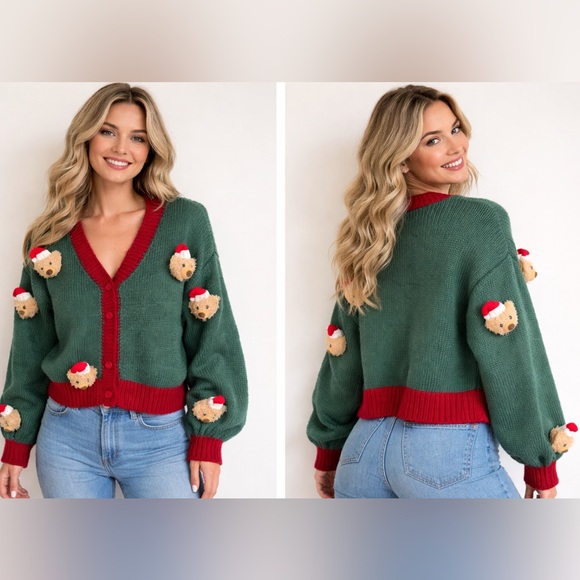 JODIFL Sweaters - JODIFL Green and Red Women's Sweater with Bear Accents
